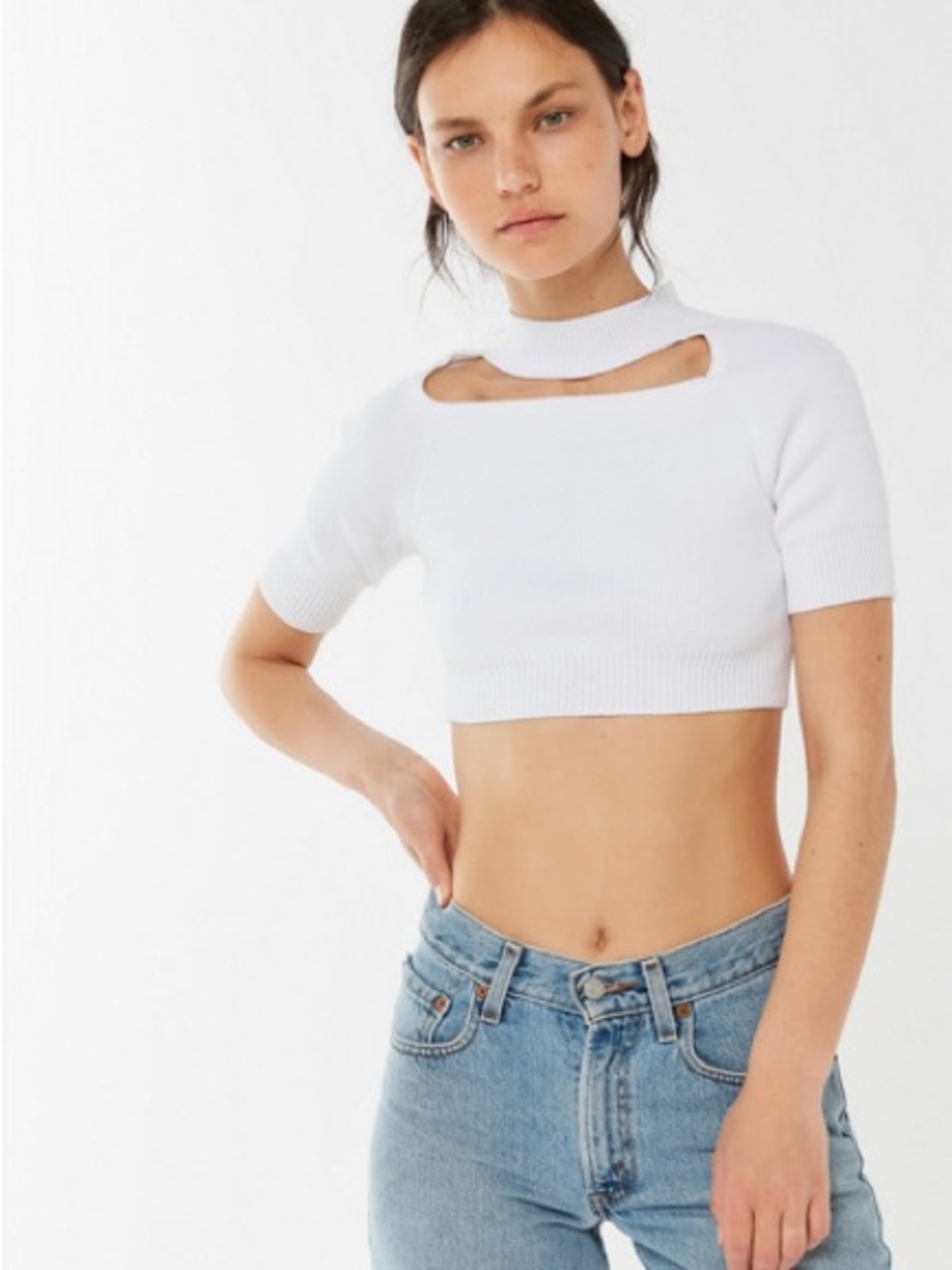 White Cutout Ribbed Knit Short Sleeve Crop Top